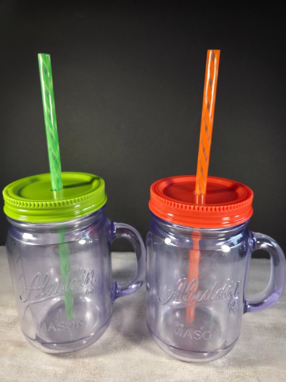 Two Aladdin Mason Jar Tumblers Green and Orange with Brand New Straws 20oz